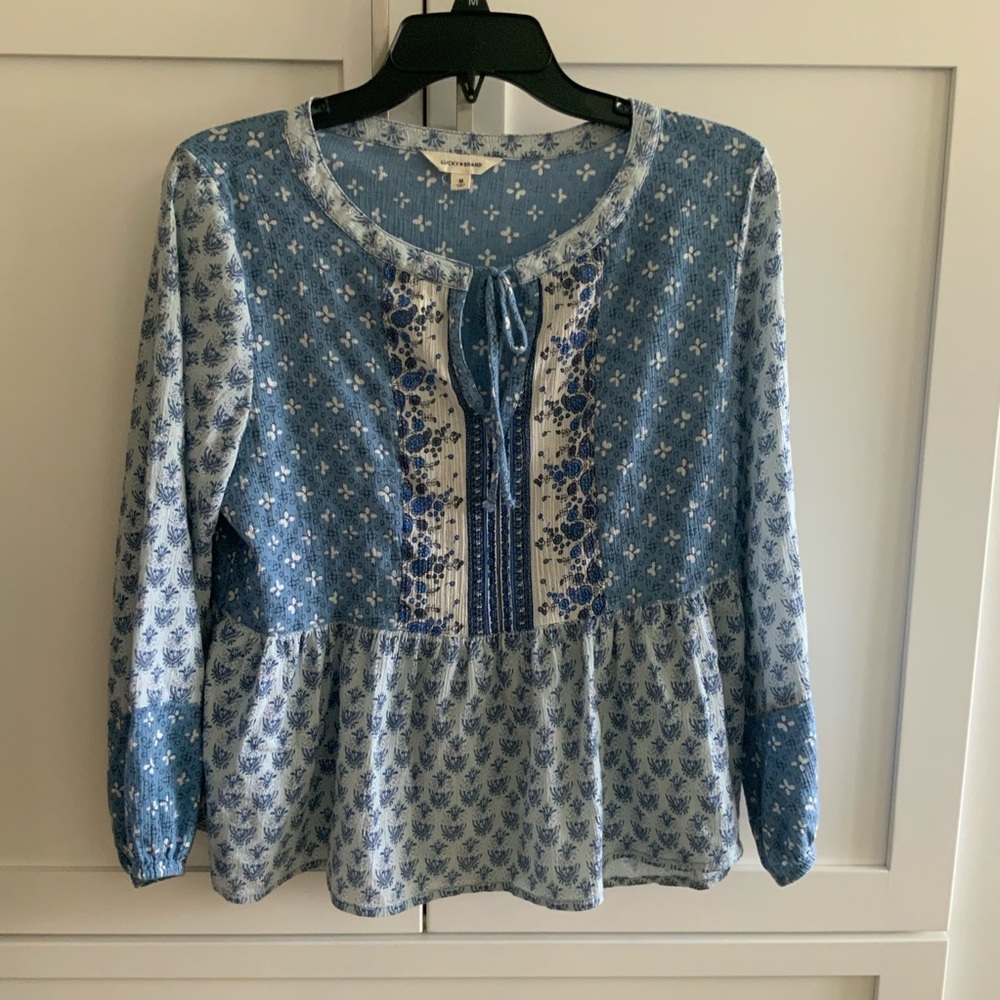 Lucky Brand Blue Floral Peasant Blouse